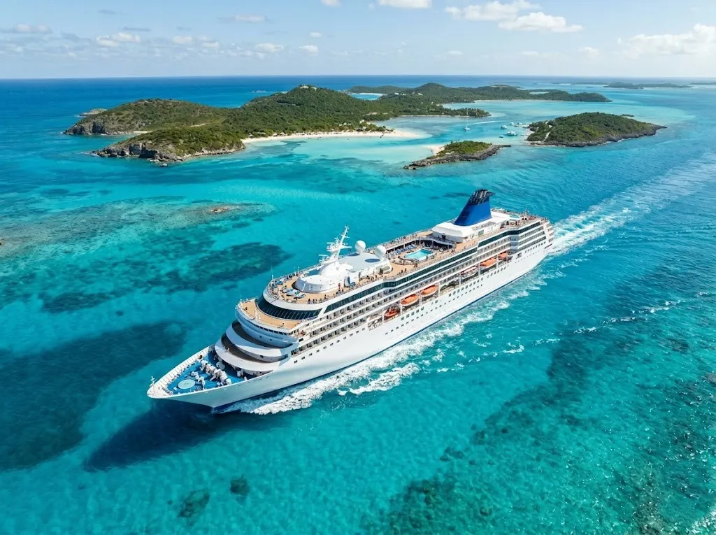 Aerial view of a cruise ship sailing through bright turquoise Caribbean waters