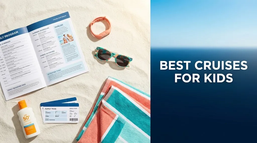 Cruise boarding pass and kids' beach gear flat lay with text reading best cruises for kids on navy background