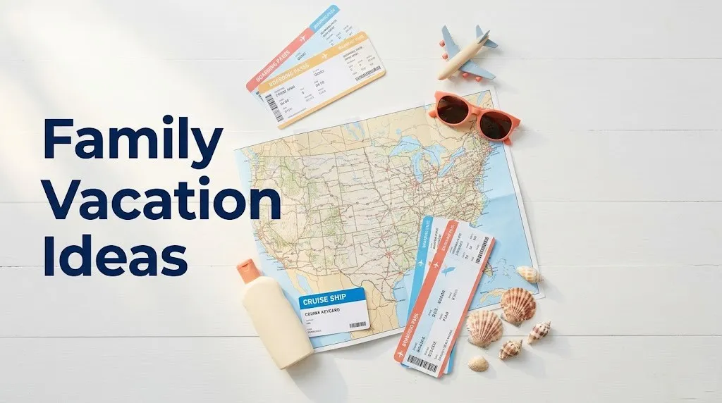 Family vacation ideas planning flat-lay with road map, boarding passes, cruise card, and sunscreen on a white table.