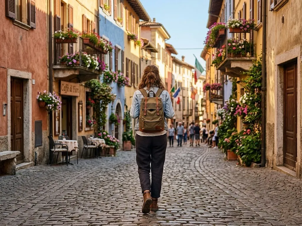 Female solo traveler with backpack exploring charming European cobblestone street