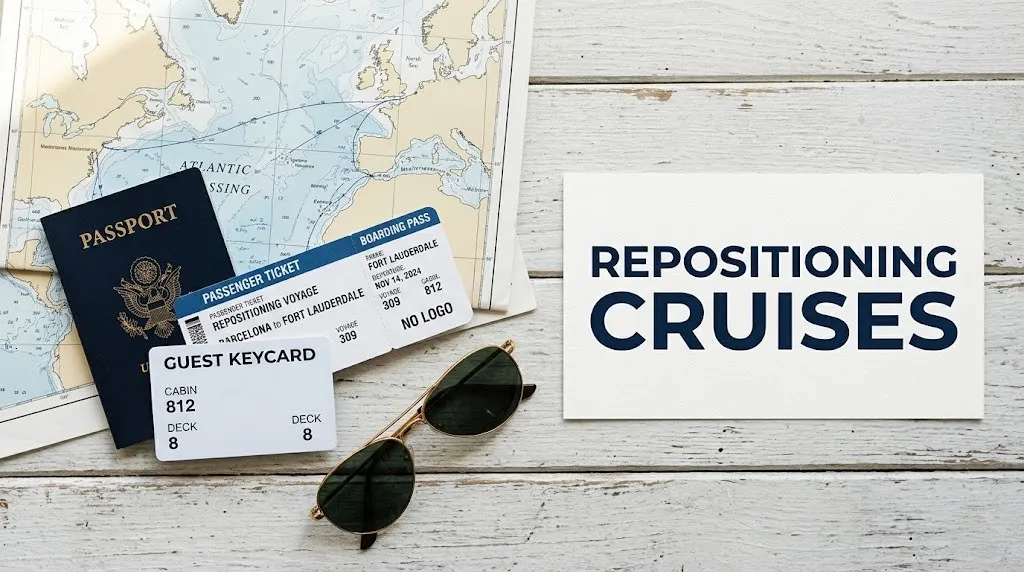 Flat-lay of passport, boarding pass, and cruise card with repositioning cruises guide headline on wooden surface