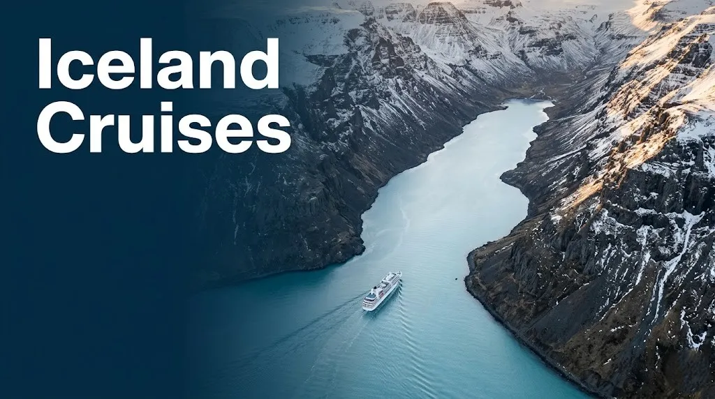 Iceland cruises ship entering a dramatic Icelandic fjord with volcanic cliffs and glacial blue water at golden hour.