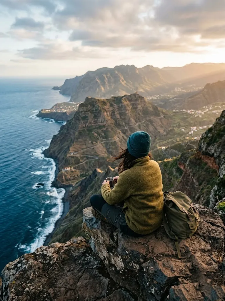 Solo traveler sitting at a scenic overlook at a breathtaking vacation destination