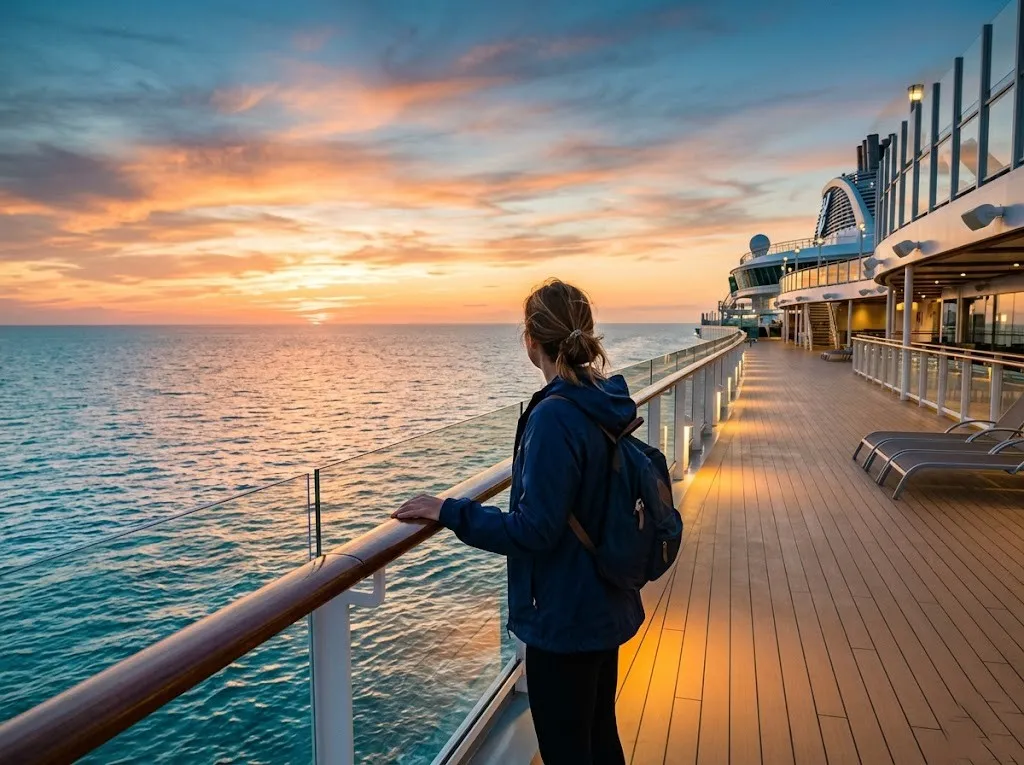 Solo traveler standing on cruise ship deck at golden sunset over open ocean