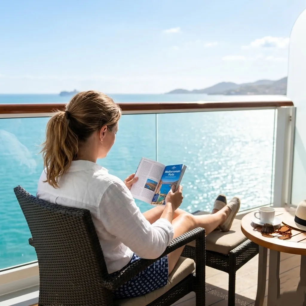 Traveler planning a cruise vacation using a tablet with ocean view in background