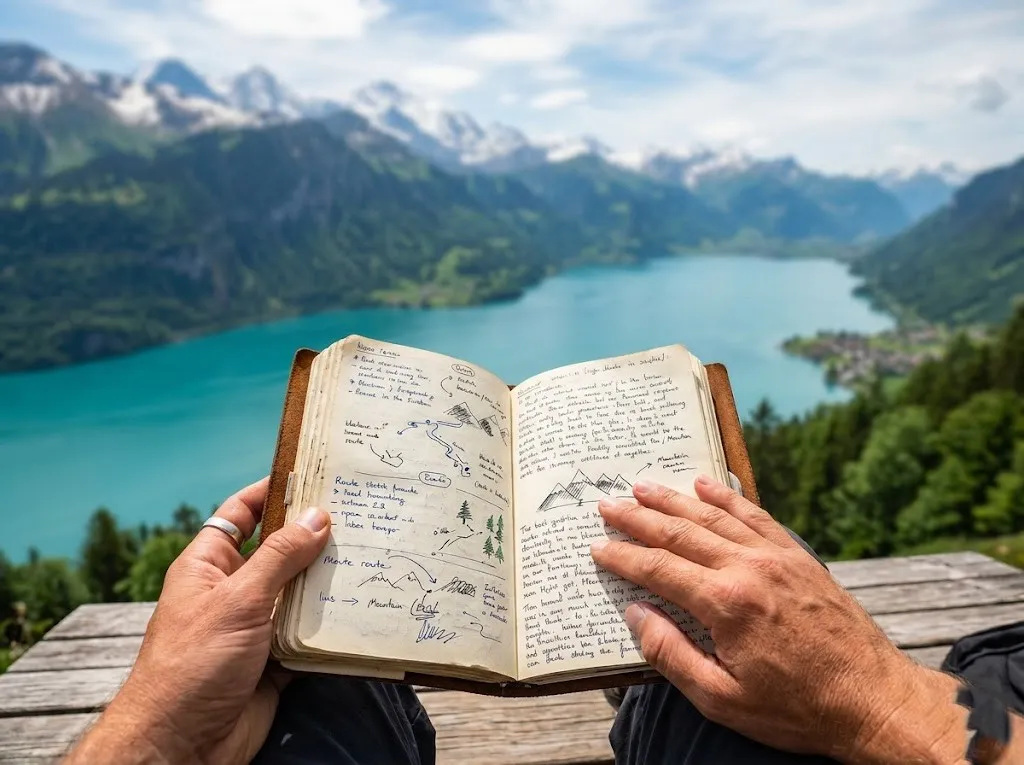 Traveler's hands holding a travel journal overlooking a scenic mountain vacation destination